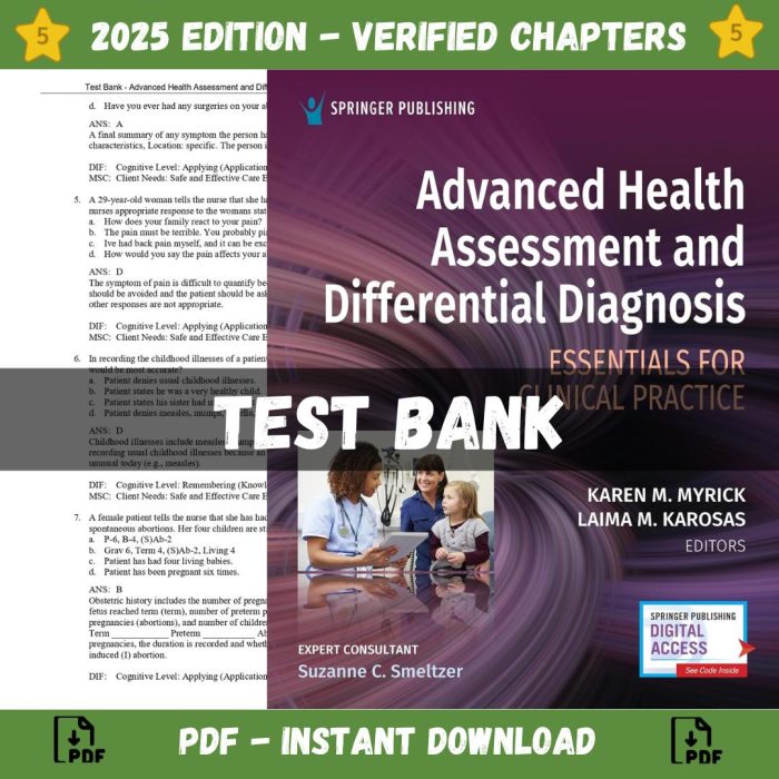 Test Bank – Advanced Health Assessment and Differential Diagnosis Essentials for Clinical Practice 1st Edition (Myrick, 2024)-Pass Test Bank