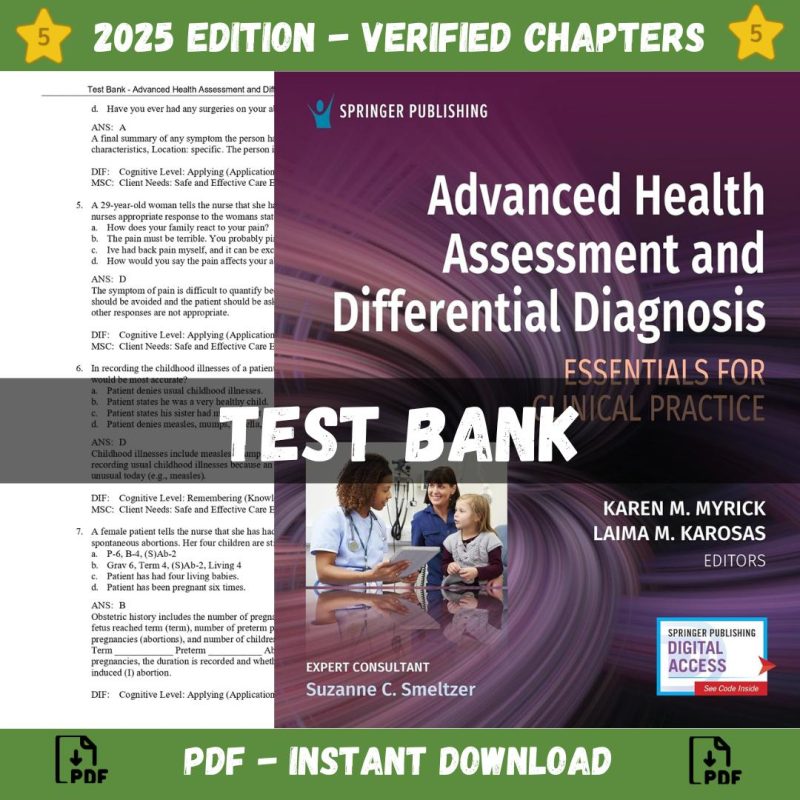 Test Bank – Advanced Health Assessment and Differential Diagnosis Essentials for Clinical Practice 1st Edition (Myrick, 2024)-Pass Test Bank