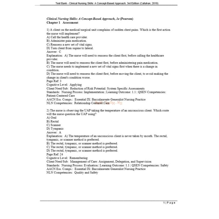 Test Bank For Clinical Nursing Skills A Concept-Based Approach, 3rd Edition By Callahan-Pass Test Bank