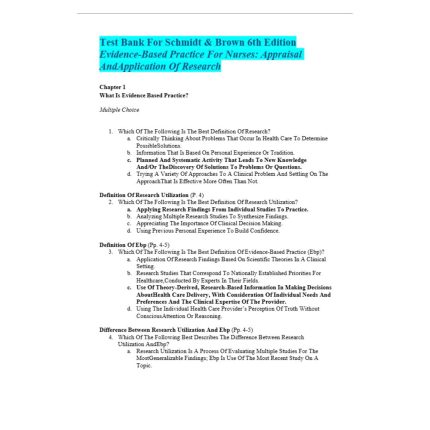 Test Bank For Evidence-Based Practice for Nurses- Appraisal and Application of Research 6th Edition By Schmidt Brown-Pass Test Bank
