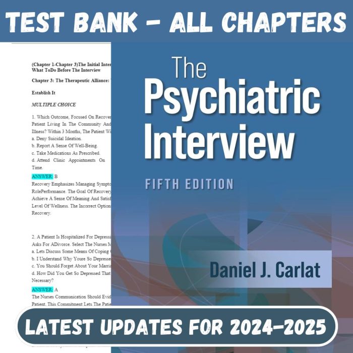 Test Bank For The Psychiatric Interview 5th Edition by Daniel J. Carlat-Pass Test Bank
