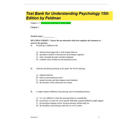 Test Bank For Understanding Psychology 15th Edition By Feldman-Pass Test Bank