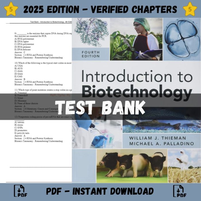 Test Bank – Introduction to Biotechnology, 4th Edition (Thieman, 2019)-Pass Test Bank
