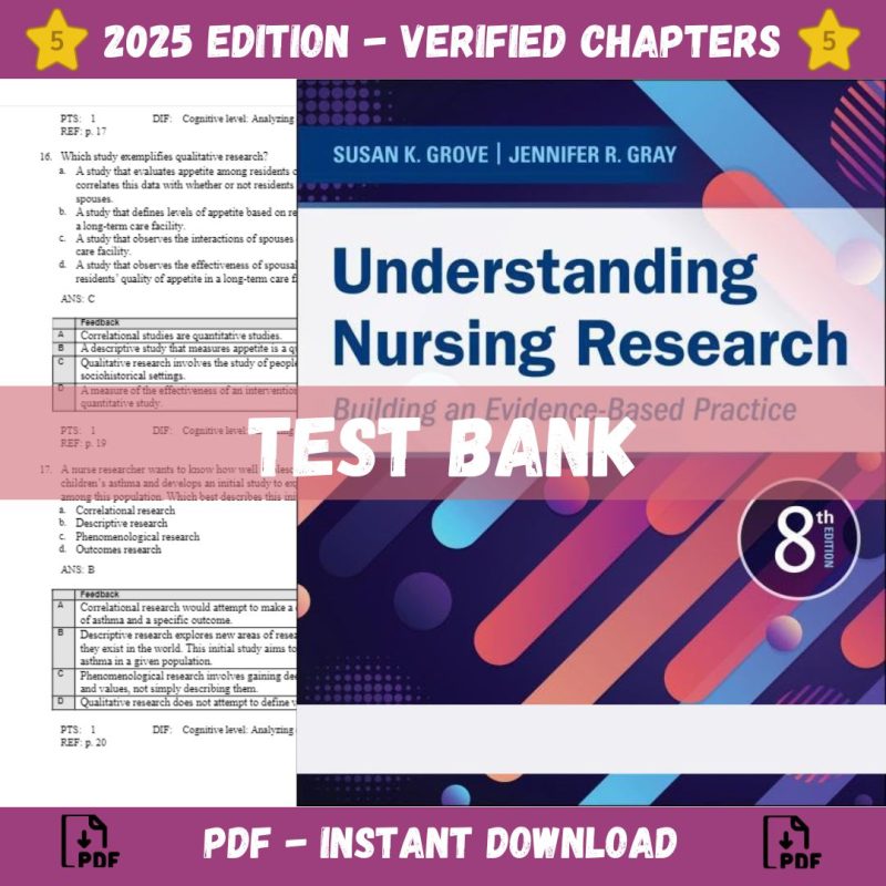 Test bank – Understanding Nursing Research Building an Evidence-Based Practice 8th Edition (Grove, 2023)-Pass Test Bank