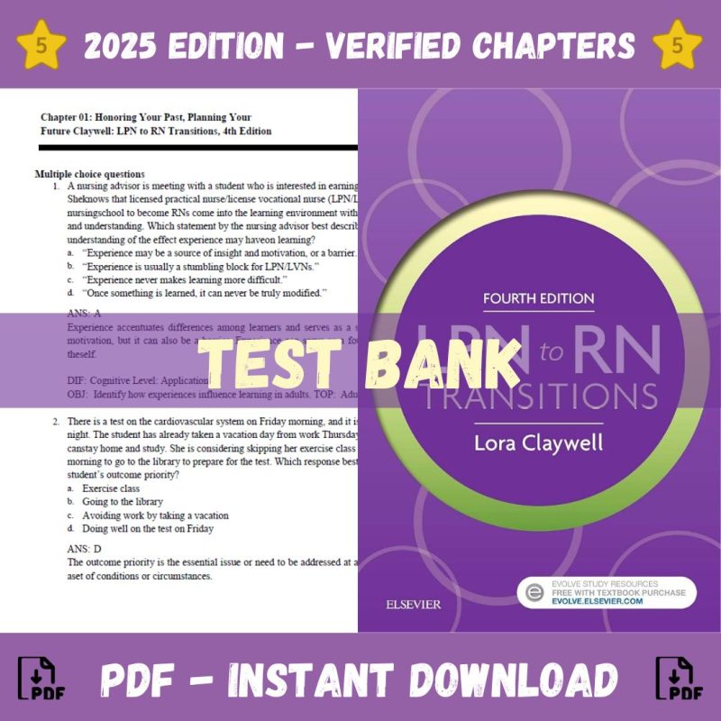 Test Bank – LPN to RN Transitions, 4th Edition (Lora Claywell, 2024)-Pass Test Bank