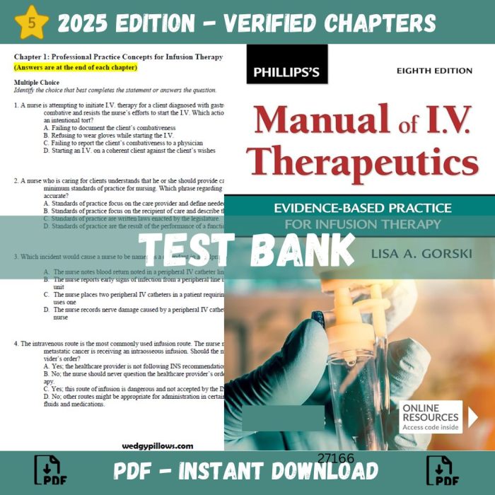 Test Bank – Phillips’s Manual of I.V. Therapeutics Evidence-Based Practice for Infusion Therapy, 8th Edition-Pass Test Bank