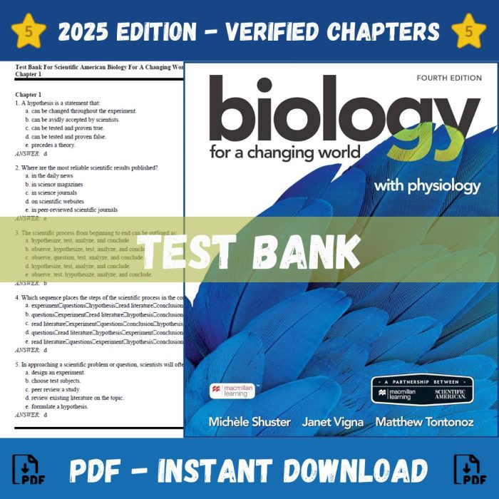 Test Bank – Scientific American Biology for a Changing World with Physiology, 4th Edition (Michele Shuster, 2021)-Pass Test Bank