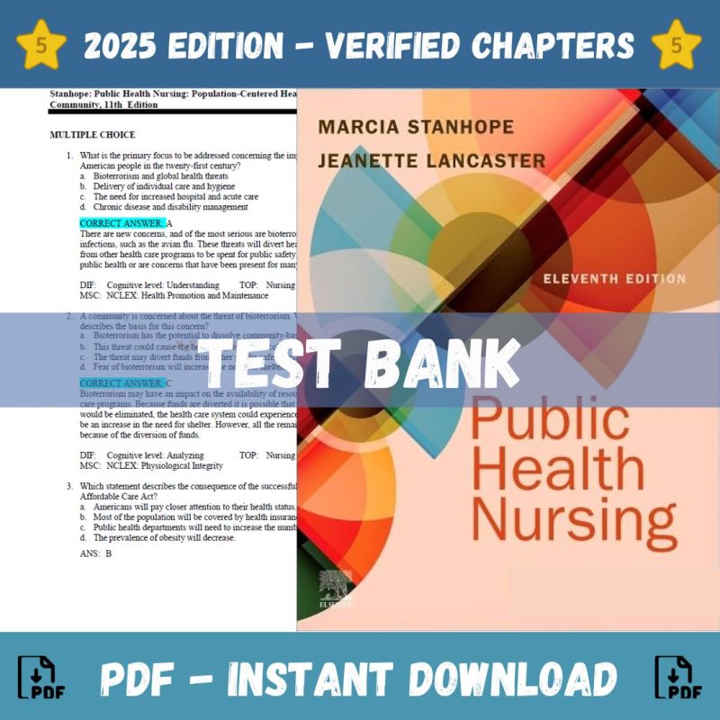 Test bank – Public health nursing: Population-Centered Health Care in the Community, 11th edition (Stanhope, 2024)-Pass Test Bank